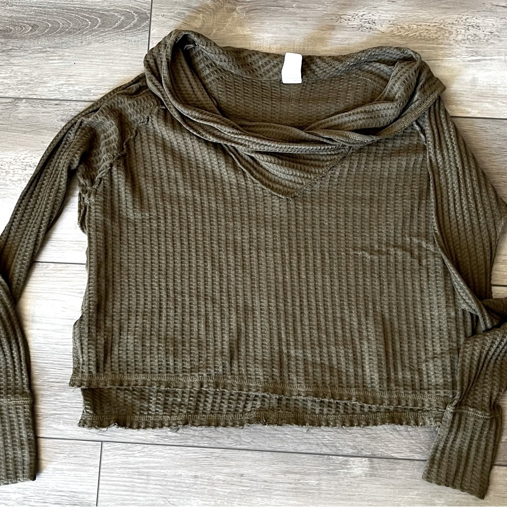 Free People We the Free Olive Green Waffle Knit Cowl Neck Long Sleeve Top XS